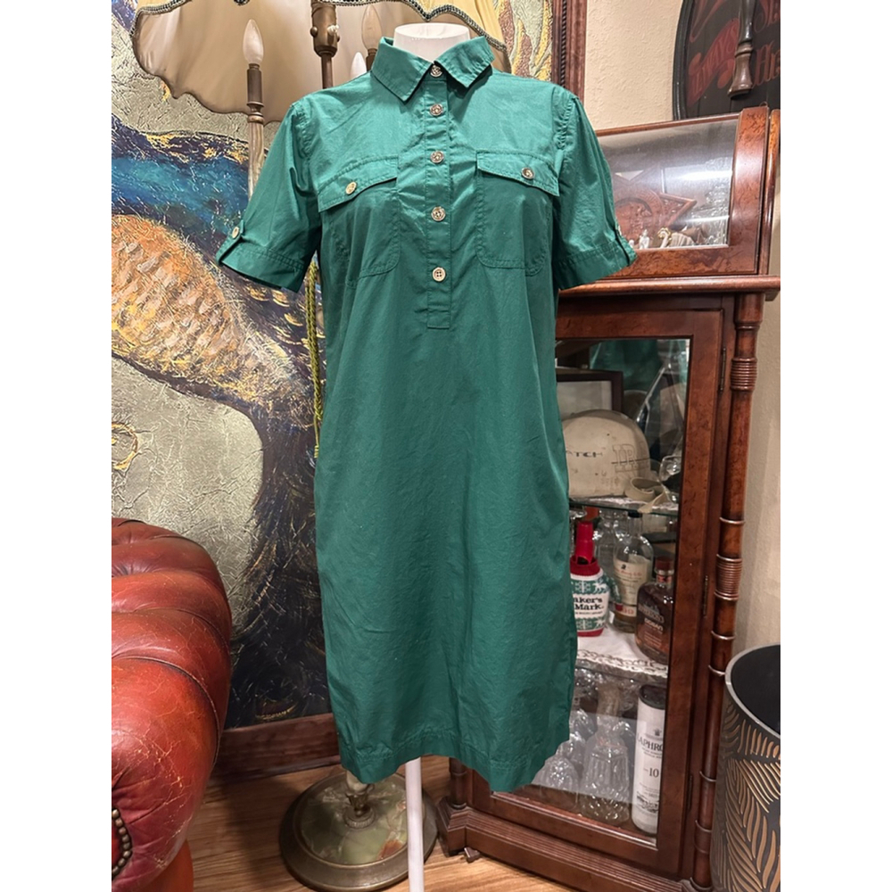 Women's Talbots Green Collared Shirt Dress with Gold Buttons Size 6